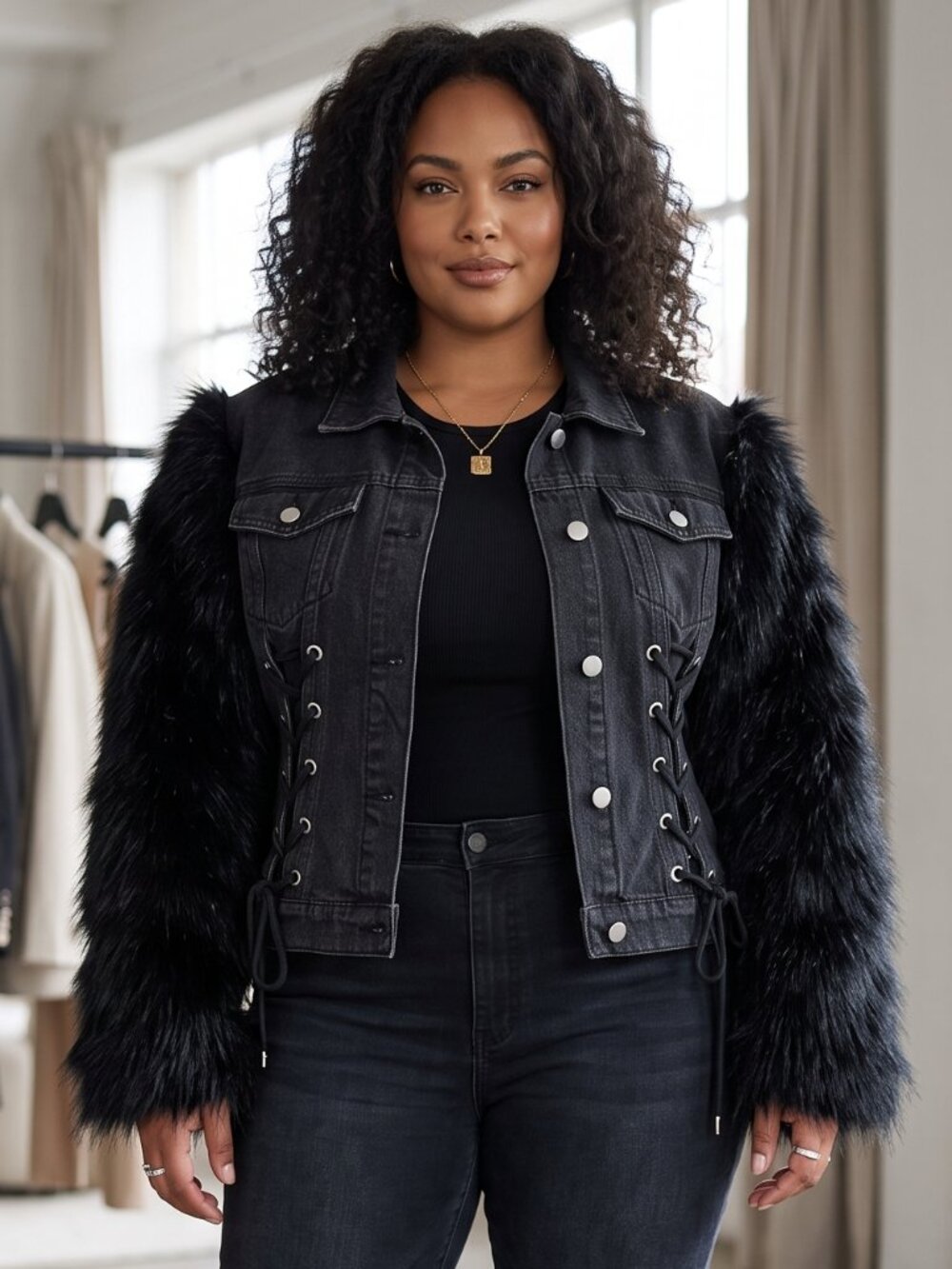 Azalea Wang Faux Fur Sleeve Corset Lace Up Denim Jacket Black Plus 1X